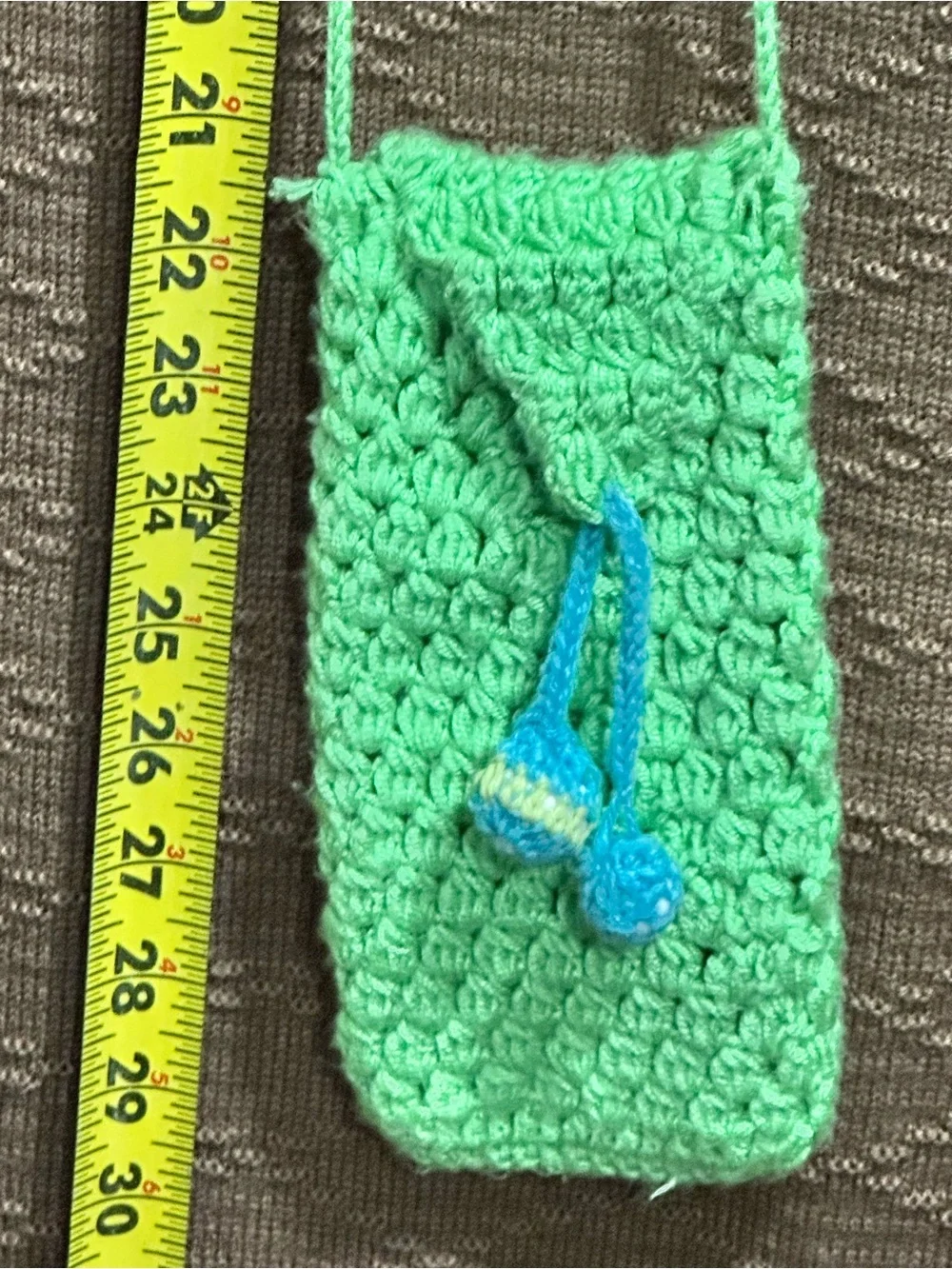 Handcrafted Small Green Crossbody Bag with Blue Drawstring